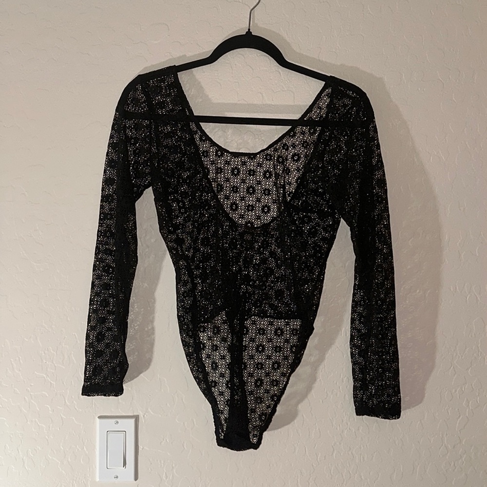 Victoria Secret Black lace bodysuit long sleeve Low Back size M/L Thong back.